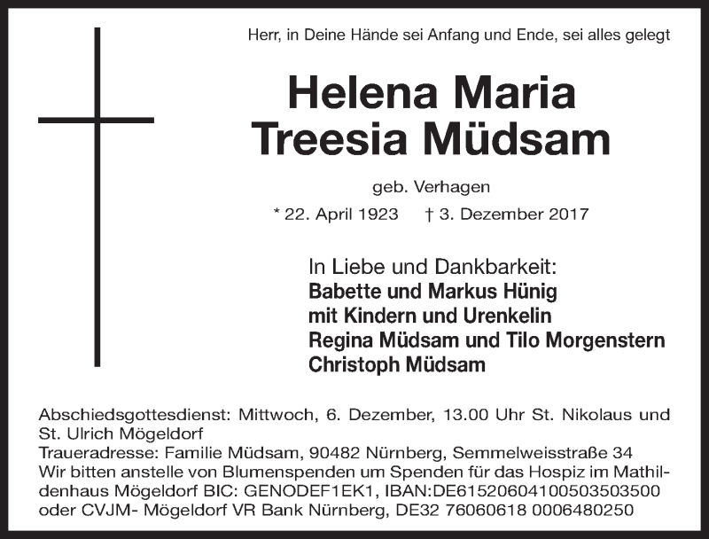  Traueranzeige für Helena Maria Treesia Müdsam vom 05.12.2017 aus Gesamtausgabe Nürnberger Nachrichten/ Nürnberger Ztg.
