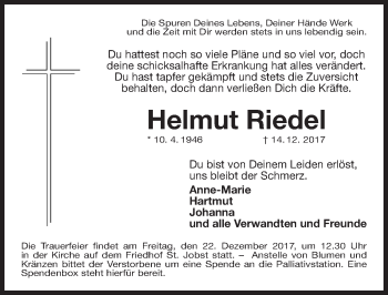 Traueranzeige von Helmut Riedel von Gesamtausgabe Nürnberger Nachrichten/ Nürnberger Ztg.