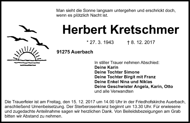  Traueranzeige für Herbert Kretschmer vom 13.12.2017 aus Nordbayerische Nachrichten Pegnitz Lokal