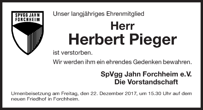  Traueranzeige für Herbert Pieger vom 19.12.2017 aus Nordbayerische Nachrichten Forchheim Lokal