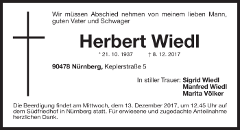 Traueranzeige von Herbert Wiedl von Gesamtausgabe Nürnberger Nachrichten/ Nürnberger Ztg.