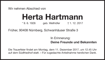 Traueranzeige von Herta Hartmann von Gesamtausgabe Nürnberger Nachrichten/ Nürnberger Ztg.