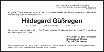 Traueranzeige von Hildegard Güßregen von Gesamtausgabe Nürnberger Nachrichten/ Nürnberger Ztg.