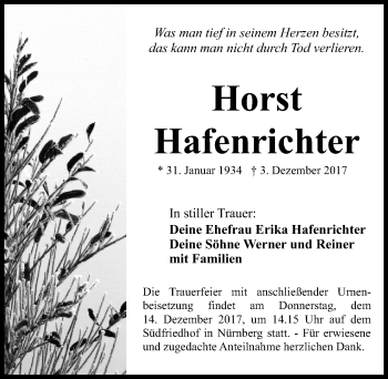 Traueranzeige von Horst Hafenrichter von Gesamtausgabe Nürnberger Nachrichten/ Nürnberger Ztg.