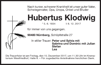 Traueranzeige von Hubertus Klodwig von Gesamtausgabe Nürnberger Nachrichten/ Nürnberger Ztg.