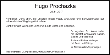 Traueranzeige von Hugo Prochazka von Gesamtausgabe Nürnberger Nachrichten/ Nürnberger Ztg./ Erlanger Nachrichten