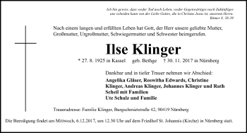 Traueranzeige von Ilse Klinger von Gesamtausgabe Nürnberger Nachrichten/ Nürnberger Ztg.