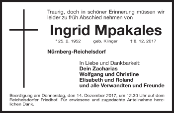 Traueranzeige von Ingrid Mpakales von Gesamtausgabe Nürnberger Nachrichten/ Nürnberger Ztg.