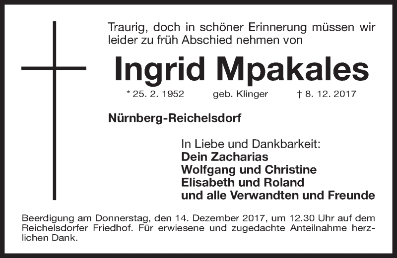  Traueranzeige für Ingrid Mpakales vom 11.12.2017 aus Gesamtausgabe Nürnberger Nachrichten/ Nürnberger Ztg.
