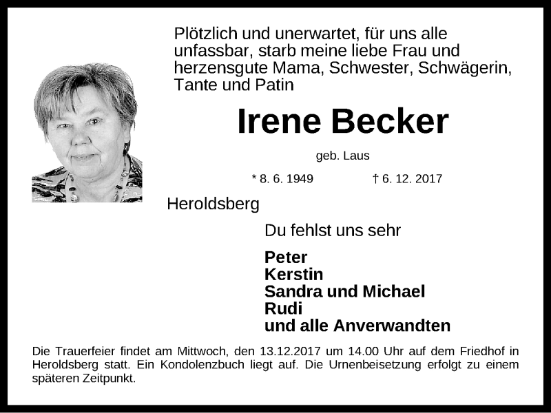  Traueranzeige für Irene Becker vom 09.12.2017 aus Gesamtausgabe Nürnberger Nachrichten/ Nürnberger Ztg.