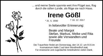 Traueranzeige von Irene Gößl von Gesamtausgabe Nürnberger Nachrichten/ Nürnberger Ztg.