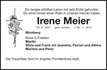 Traueranzeige von Irene Meier von Gesamtausgabe Nürnberger Nachrichten/ Nürnberger Ztg.