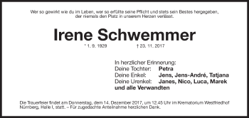 Traueranzeige von Irene Schwemmer von Gesamtausgabe Nürnberger Nachrichten/ Nürnberger Ztg.
