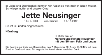 Traueranzeige von Jette Neusinger von Gesamtausgabe Nürnberger Nachrichten/ Nürnberger Ztg.