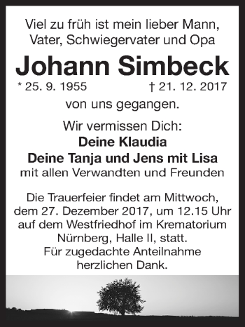 Traueranzeige von Johann Simbeck von Gesamtausgabe Nürnberger Nachrichten/ Nürnberger Ztg.