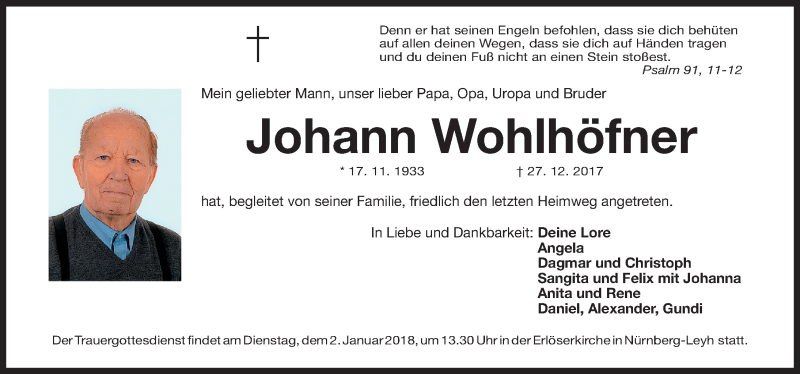 Traueranzeige für Johann Wohlhöfner vom 30.12.2017 aus Gesamtausgabe Nürnberger Nachrichten/ Nürnberger Ztg.