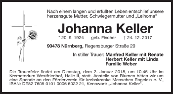 Traueranzeige von Johanna Keller von Gesamtausgabe Nürnberger Nachrichten/ Nürnberger Ztg.