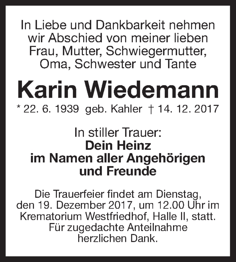  Traueranzeige für Karin Wiedemann vom 16.12.2017 aus Gesamtausgabe Nürnberger Nachrichten/ Nürnberger Ztg.