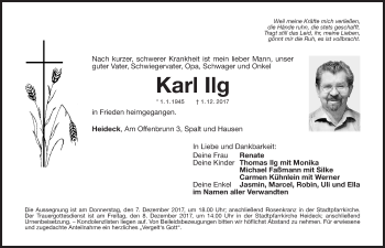 Traueranzeige von Karl Ilg von Roth-Hilpoltsteiner Volkszeitung Lokal