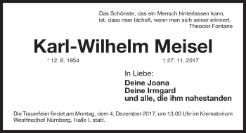 Traueranzeige von Karl-Wilhelm Meisel von Gesamtausgabe Nürnberger Nachrichten/ Nürnberger Ztg.