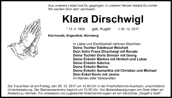 Traueranzeige von Klara Dirschwigl von Nordbayerische Nachrichten Pegnitz Lokal