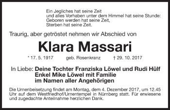 Traueranzeige von Klara Massari von Gesamtausgabe Nürnberger Nachrichten/ Nürnberger Ztg.