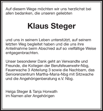 Traueranzeige von Klaus Steger von Gesamtausgabe Nürnberger Nachrichten/ Nürnberger Ztg.