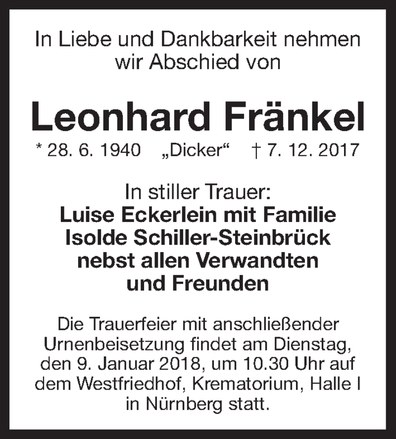  Traueranzeige für Leonhard Fränkel vom 30.12.2017 aus Gesamtausgabe Nürnberger Nachrichten/ Nürnberger Ztg.