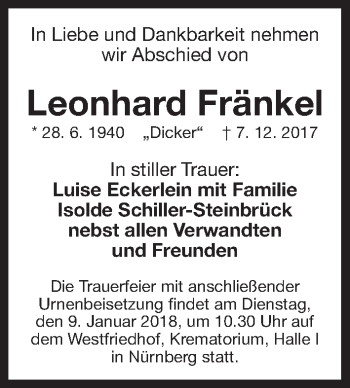 Traueranzeige von Leonhard Fränkel von Gesamtausgabe Nürnberger Nachrichten/ Nürnberger Ztg.