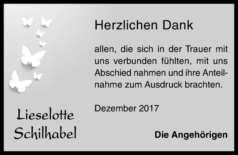  Traueranzeige für Lieselotte Schilhabel vom 09.12.2017 aus Roth-Hilpoltsteiner Volkszeitung Lokal