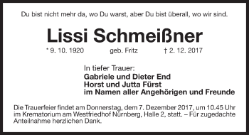 Traueranzeige von Lissi Schmeißner von Gesamtausgabe Nürnberger Nachrichten/ Nürnberger Ztg.