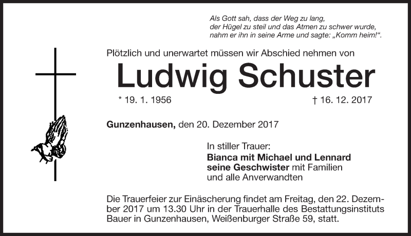  Traueranzeige für Ludwig Schuster vom 20.12.2017 aus Altmühl-Bote Lokal