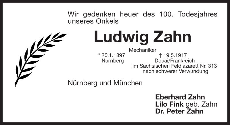  Traueranzeige für Ludwig Zahn vom 16.12.2017 aus Gesamtausgabe Nürnberger Nachrichten/ Nürnberger Ztg.