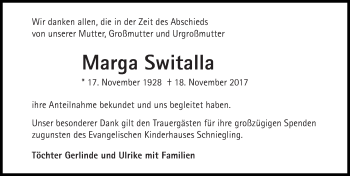 Traueranzeige von Marga Switalla von Gesamtausgabe Nürnberger Nachrichten/ Nürnberger Ztg.