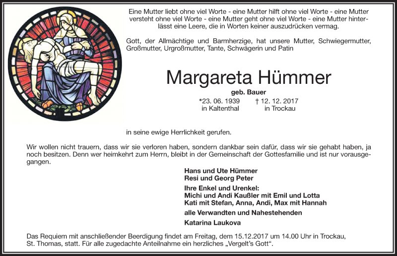  Traueranzeige für Margareta Hümmer vom 14.12.2017 aus Nordbayerische Nachrichten Pegnitz Lokal