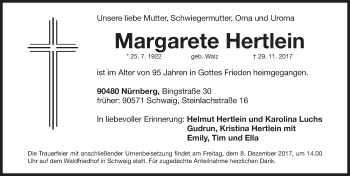 Traueranzeige von Margarete Hertlein von Gesamtausgabe Nürnberger Nachrichten/ Nürnberger Ztg.