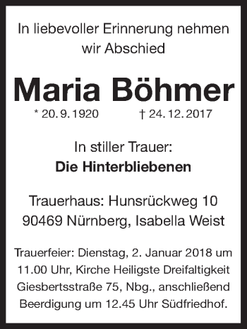 Traueranzeige von Maria Böhmer von Gesamtausgabe Nürnberger Nachrichten/ Nürnberger Ztg.