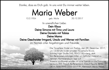 Traueranzeige von Maria Weber von Gesamtausgabe Nürnberger Nachrichten/ Nürnberger Ztg.