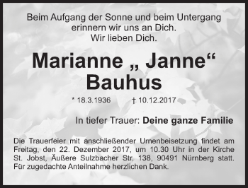 Traueranzeige von Marianne Bauhus von Gesamtausgabe Nürnberger Nachrichten/ Nürnberger Ztg.