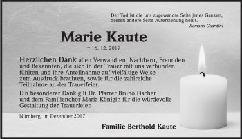 Traueranzeige von Marie Kaute von Gesamtausgabe Nürnberger Nachrichten/ Nürnberger Ztg.