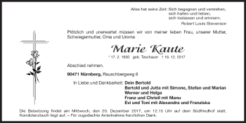 Traueranzeige von Marie Kaute von Gesamtausgabe Nürnberger Nachrichten/ Nürnberger Ztg.