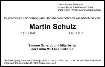 Traueranzeige von Martin Schulz von Gesamtausgabe Nürnberger Nachrichten/ Nürnberger Ztg.