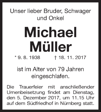 Traueranzeige von Michael Müller von Gesamtausgabe Nürnberger Nachrichten/ Nürnberger Ztg.