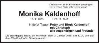 Traueranzeige von Monika Kaldenhoff von Gesamtausgabe Nürnberger Nachrichten/ Nürnberger Ztg.