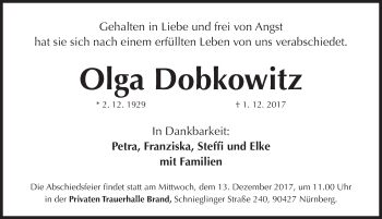 Traueranzeige von Olga Dobkowitz von Gesamtausgabe Nürnberger Nachrichten/ Nürnberger Ztg.
