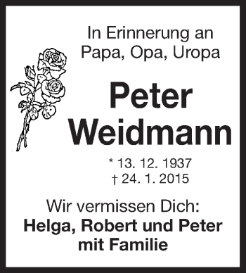 Traueranzeige von Peter Weidmann von Gesamtausgabe Nürnberger Nachrichten/ Nürnberger Ztg.