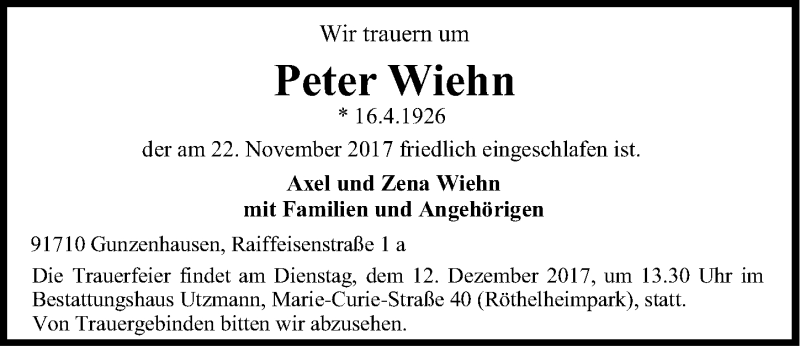  Traueranzeige für Peter Wiehn vom 06.12.2017 aus Erlanger Nachrichten Lokal