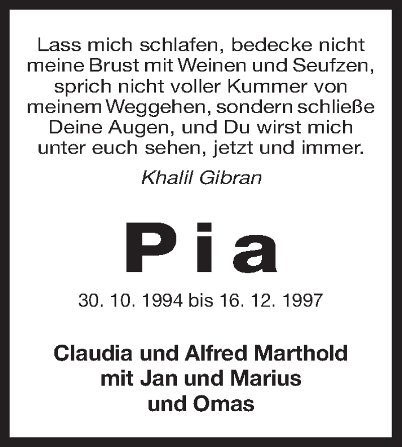  Traueranzeige für Pia  vom 16.12.2017 aus Gesamtausgabe Nürnberger Nachrichten/ Nürnberger Ztg.