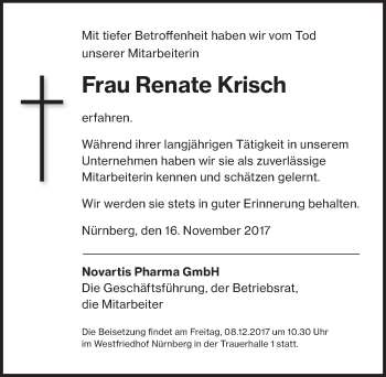Traueranzeige von Renate Krisch von Gesamtausgabe Nürnberger Nachrichten/ Nürnberger Ztg.