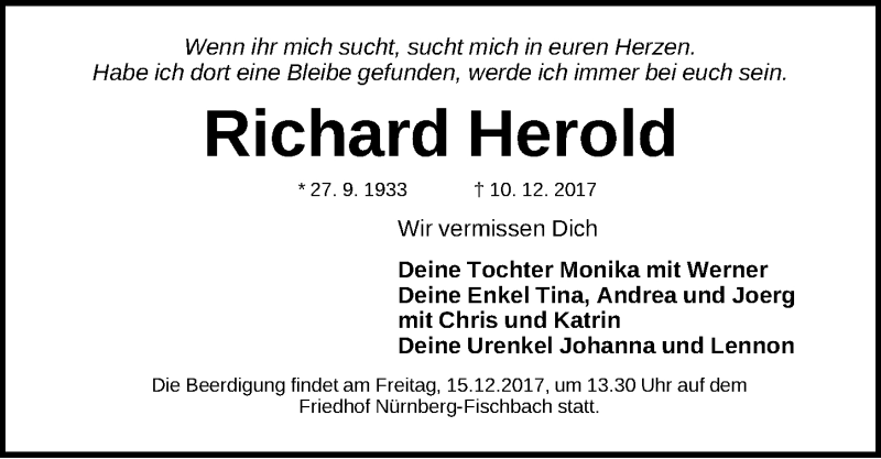  Traueranzeige für Richard Herold vom 14.12.2017 aus Gesamtausgabe Nürnberger Nachrichten/ Nürnberger Ztg.